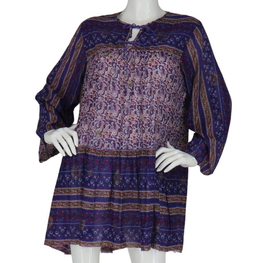 Vintage India Gauze Hippie Floral Woodstock Gypsy Boho Festival Tunic Mini Dress